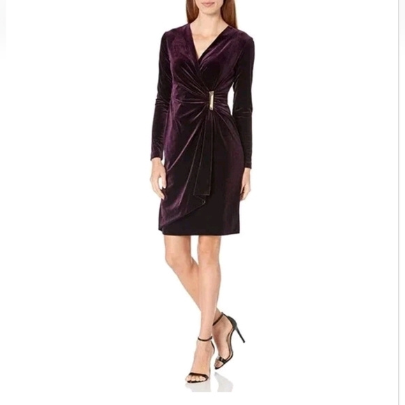 Calvin Klein Elegant PulloveVelvet V Neck Faux Wrap Purple Women's Dress Size 12 - Picture 1 of 11